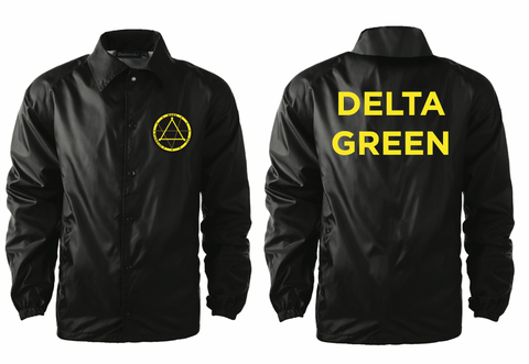 The Delta Green raid jacket shows the "Scientia Mors Est" logo, a triangle in a circle, in the upper left front breast. On the back is written "DELTA GREEN" in large letters.